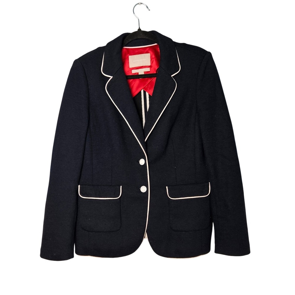 Banana Republic Knit Piped Wool Blend  Blazer Navy Blue Preppy School Womens 14